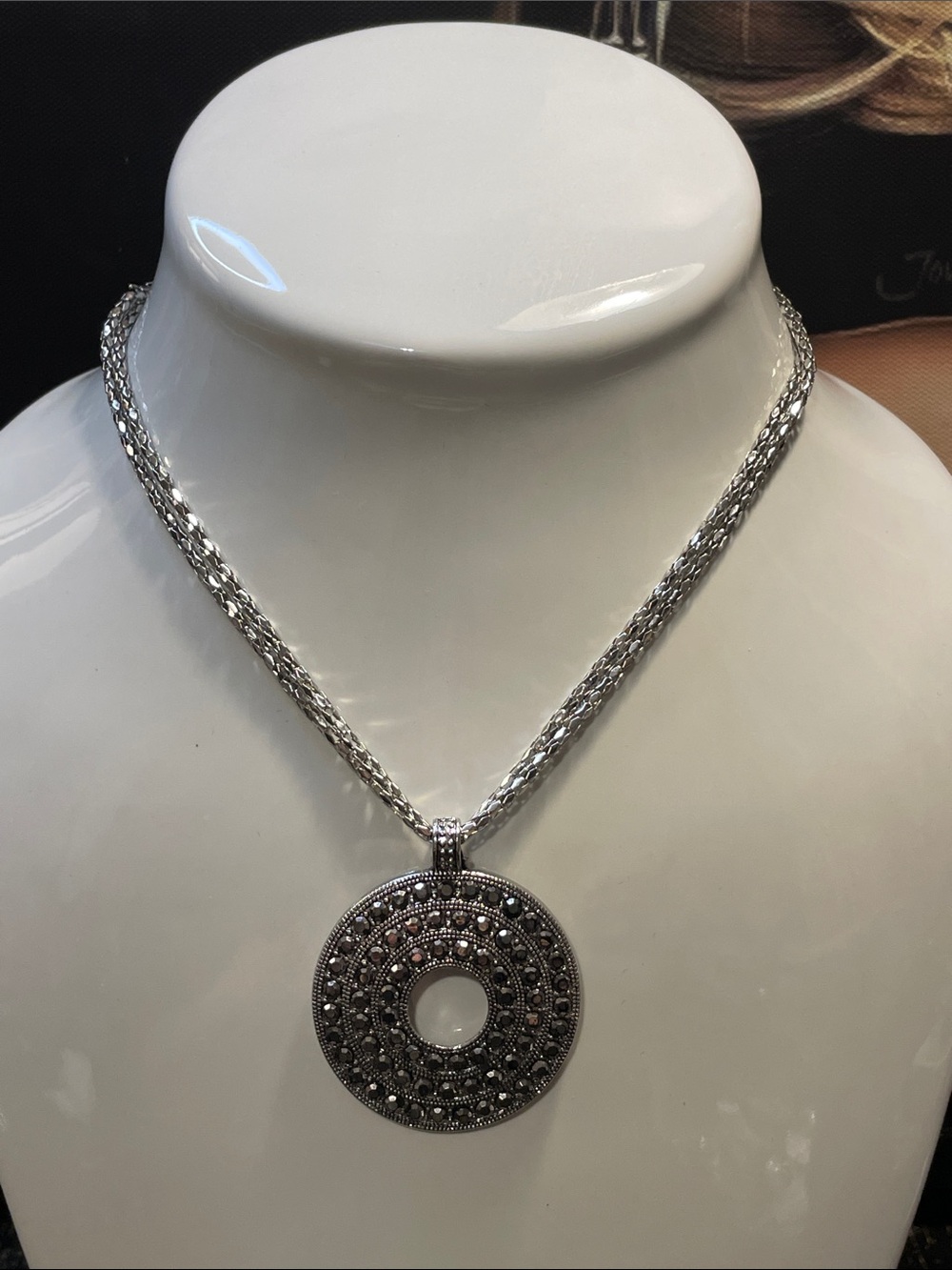Silver Marcasite Round Pendant Necklace